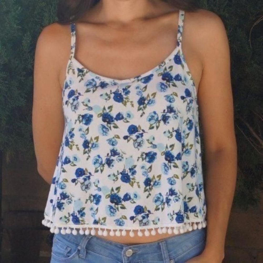 Floral Print Top with Tulip Open Back White Blue & Green Size M Pom Pom Design